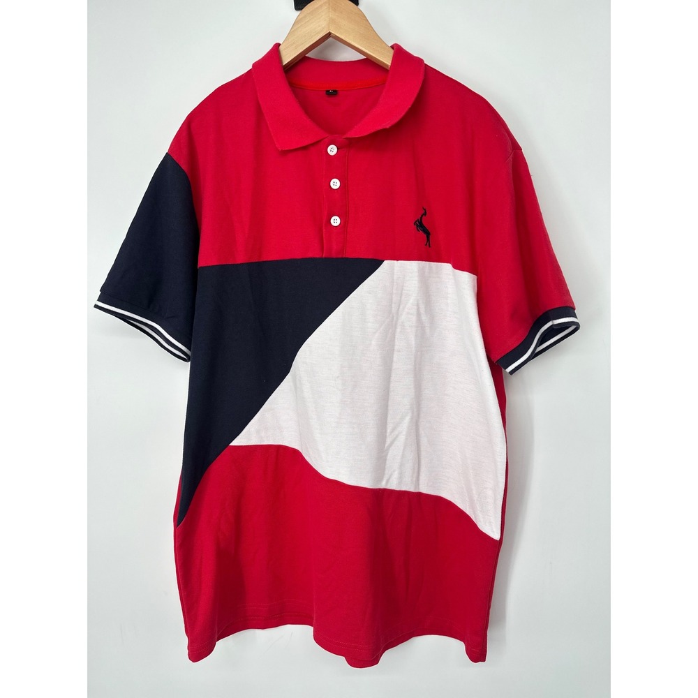 Mens Polo Shirt L Red Colorblock Short Sleeve Preppy Casual Patriotic July 4th
